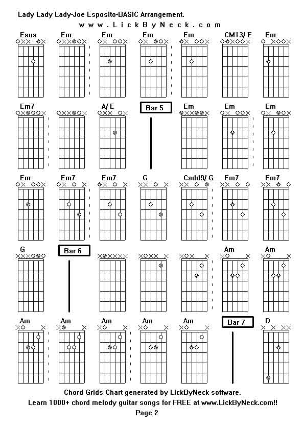 Chord Grids Chart of chord melody fingerstyle guitar song-Lady Lady Lady-Joe Esposito-BASIC Arrangement,generated by LickByNeck software.